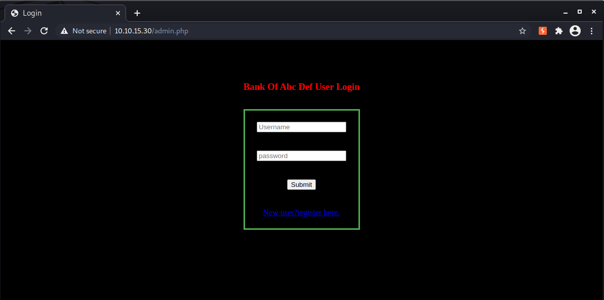 Admin login page for Bank of Abc Def