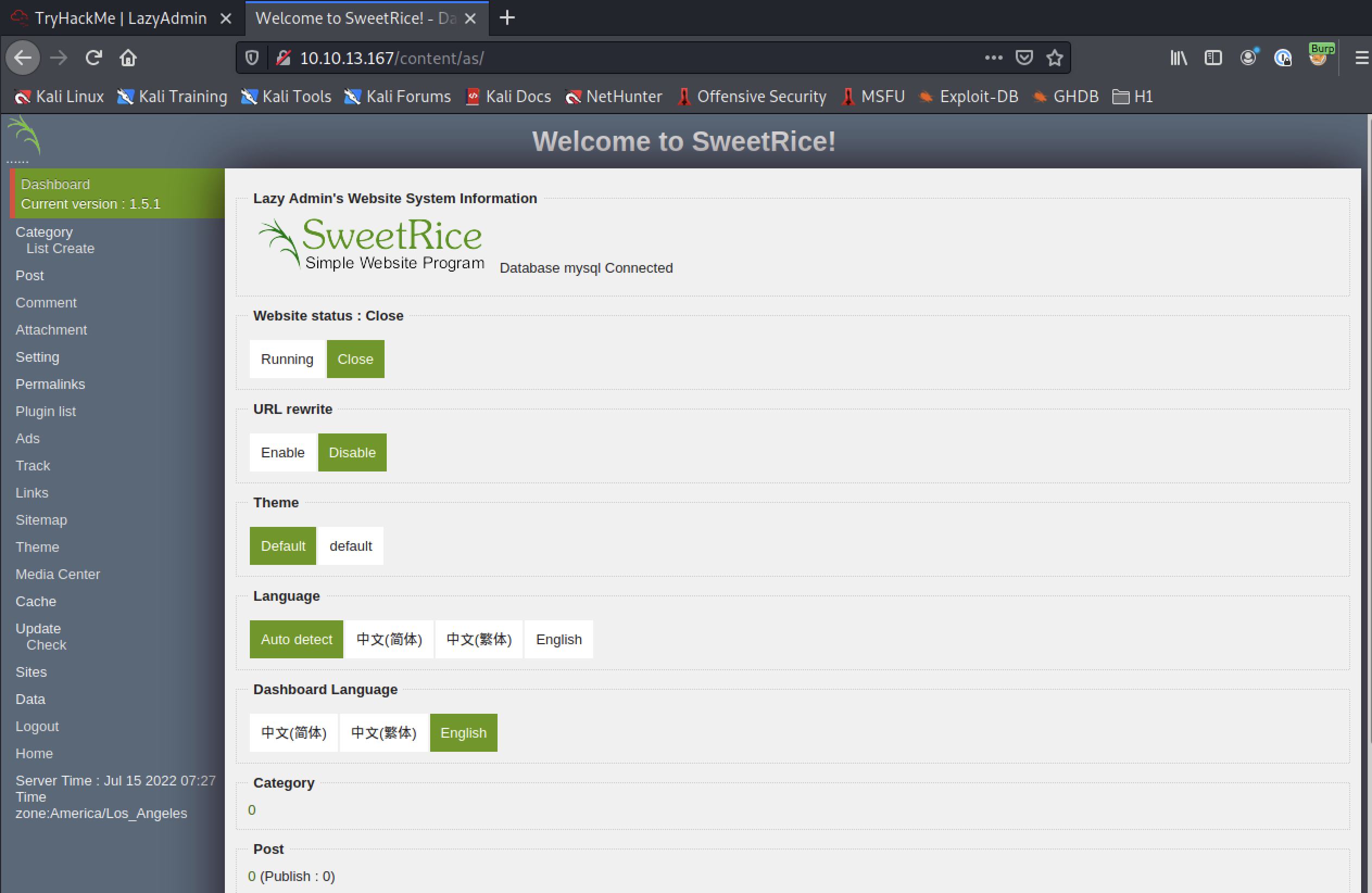 SweetRice CMS Admin Portal