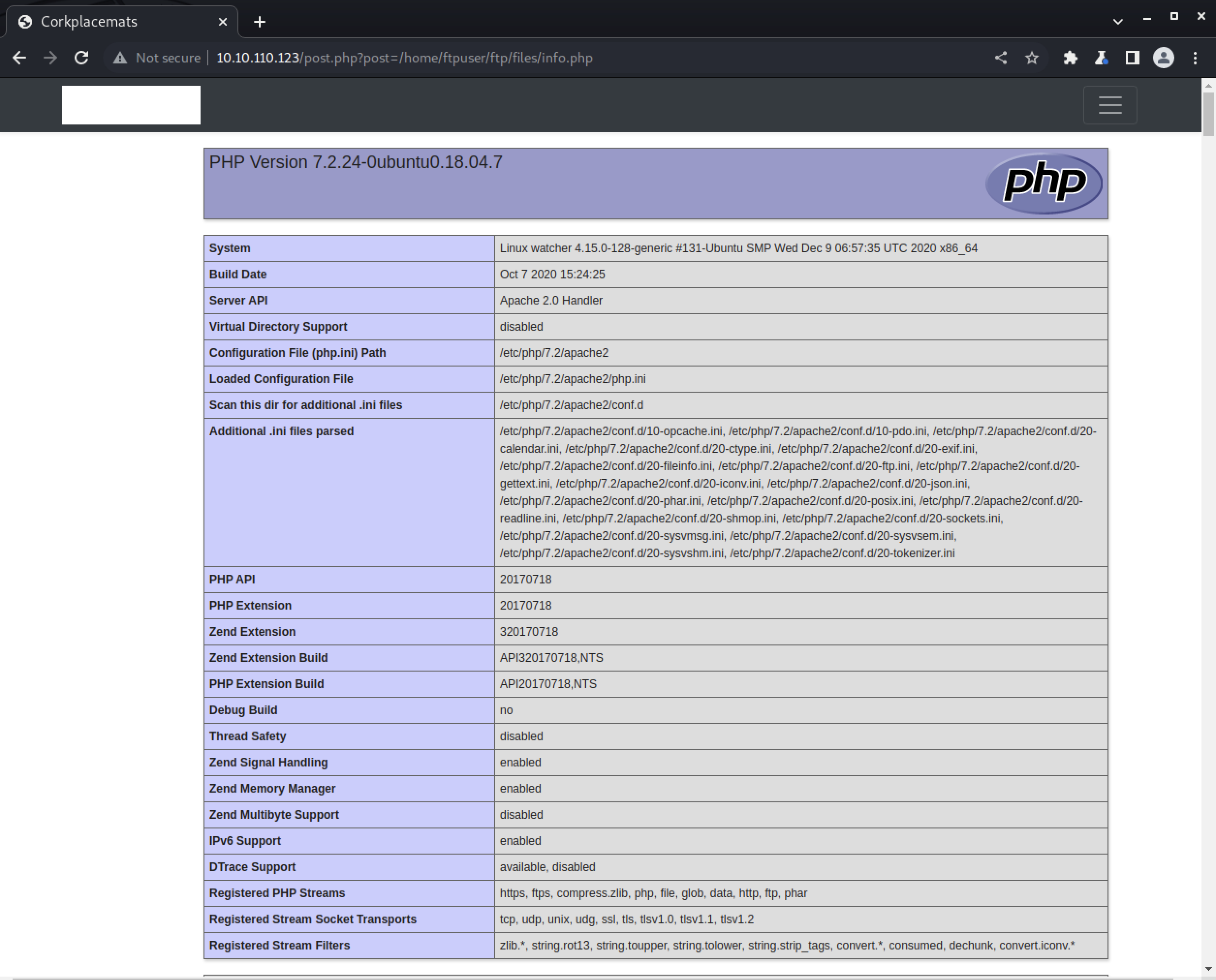 Viewing phpinfo() via file uploaded through FTP