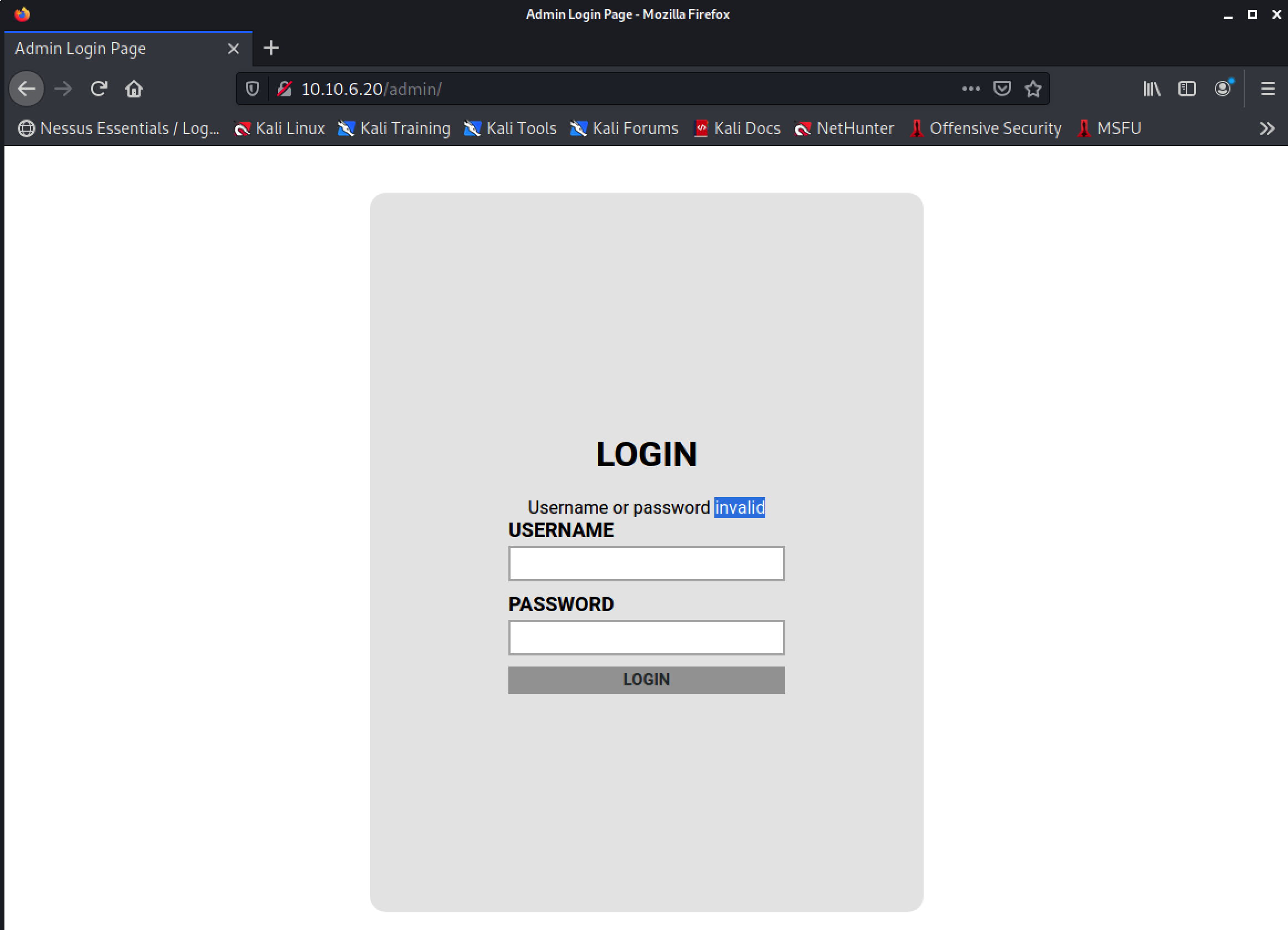 Admin form with invalid credentials