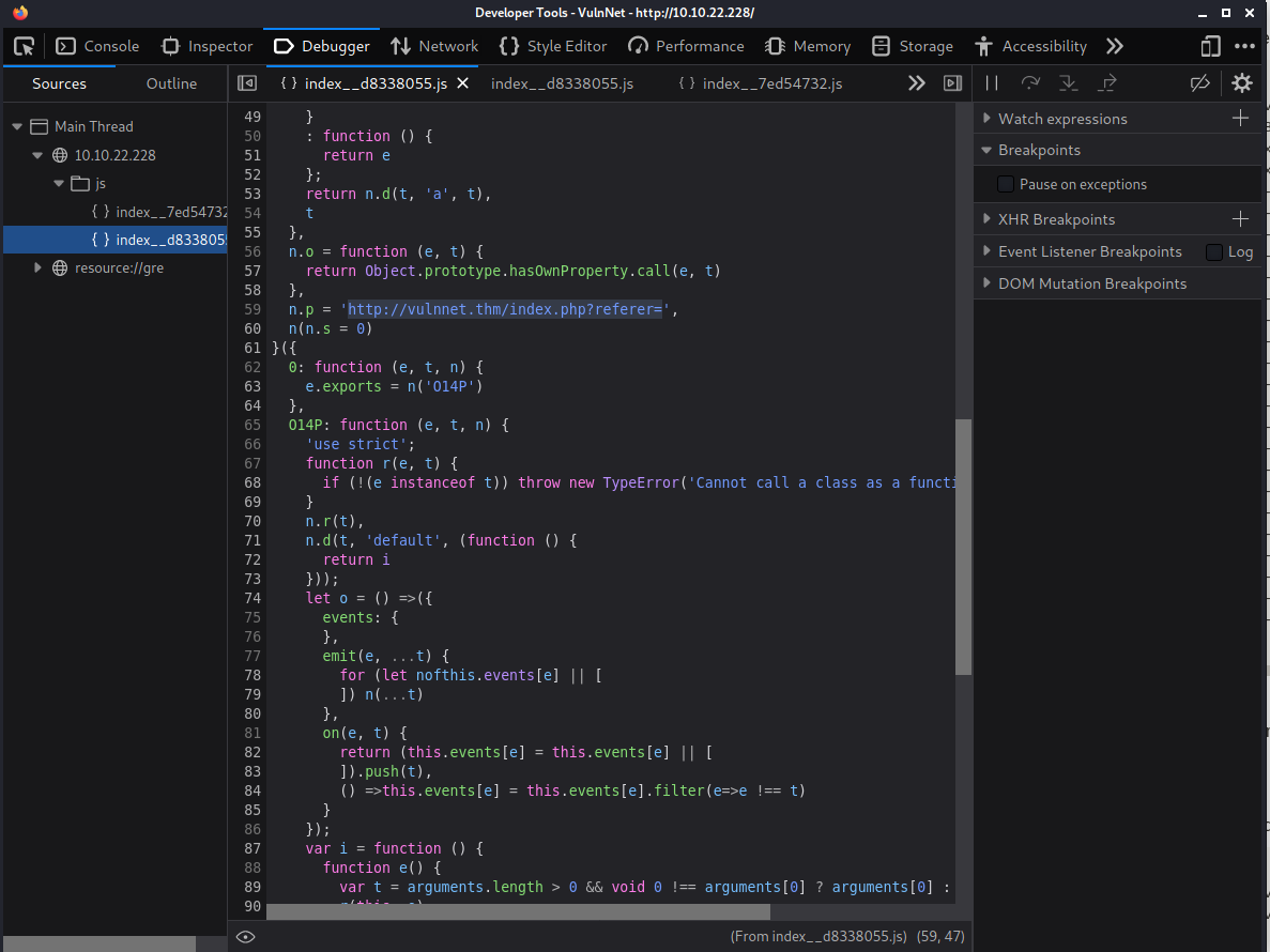 Investigating JS files in Devtools reveals a vulnerable query parameter